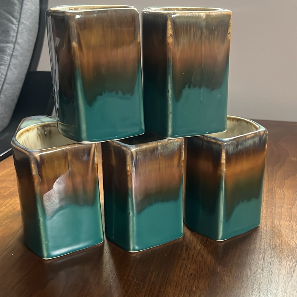 Set of 5 Vintage Rodolfo Padilla Stacking Mugs teal green brown drip glaze EUC